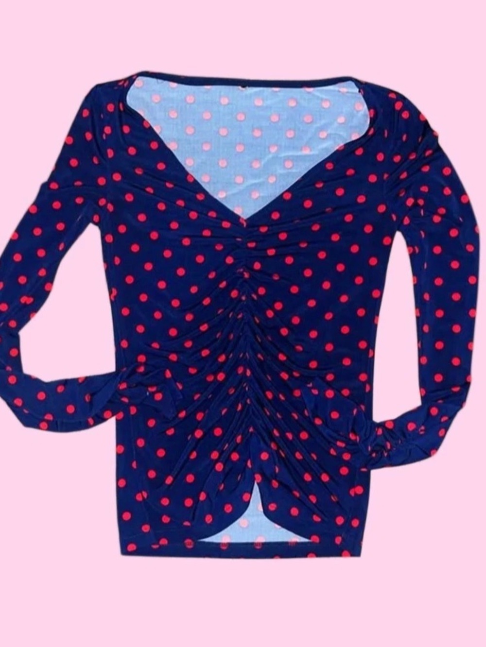 Polka Dot Ruched Long Sleeve Top in Blue & Red